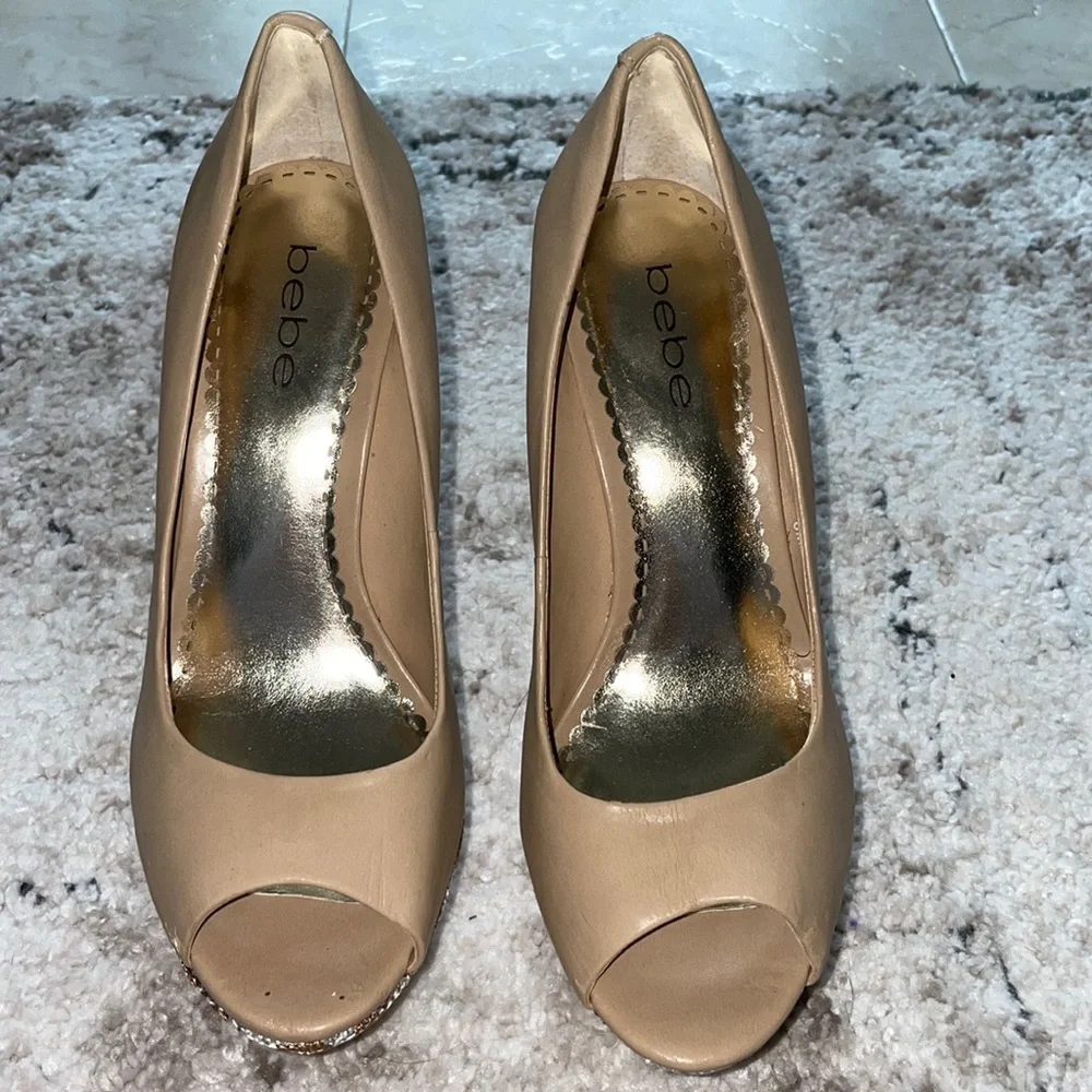 BEBE WEDGES! BRAND NEW!!! Metallic with Tan leather! Size: 6. Comes with Box!